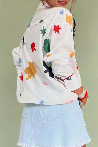 Talia® | Casual, daily graffiti print button down blouses with turn down collar