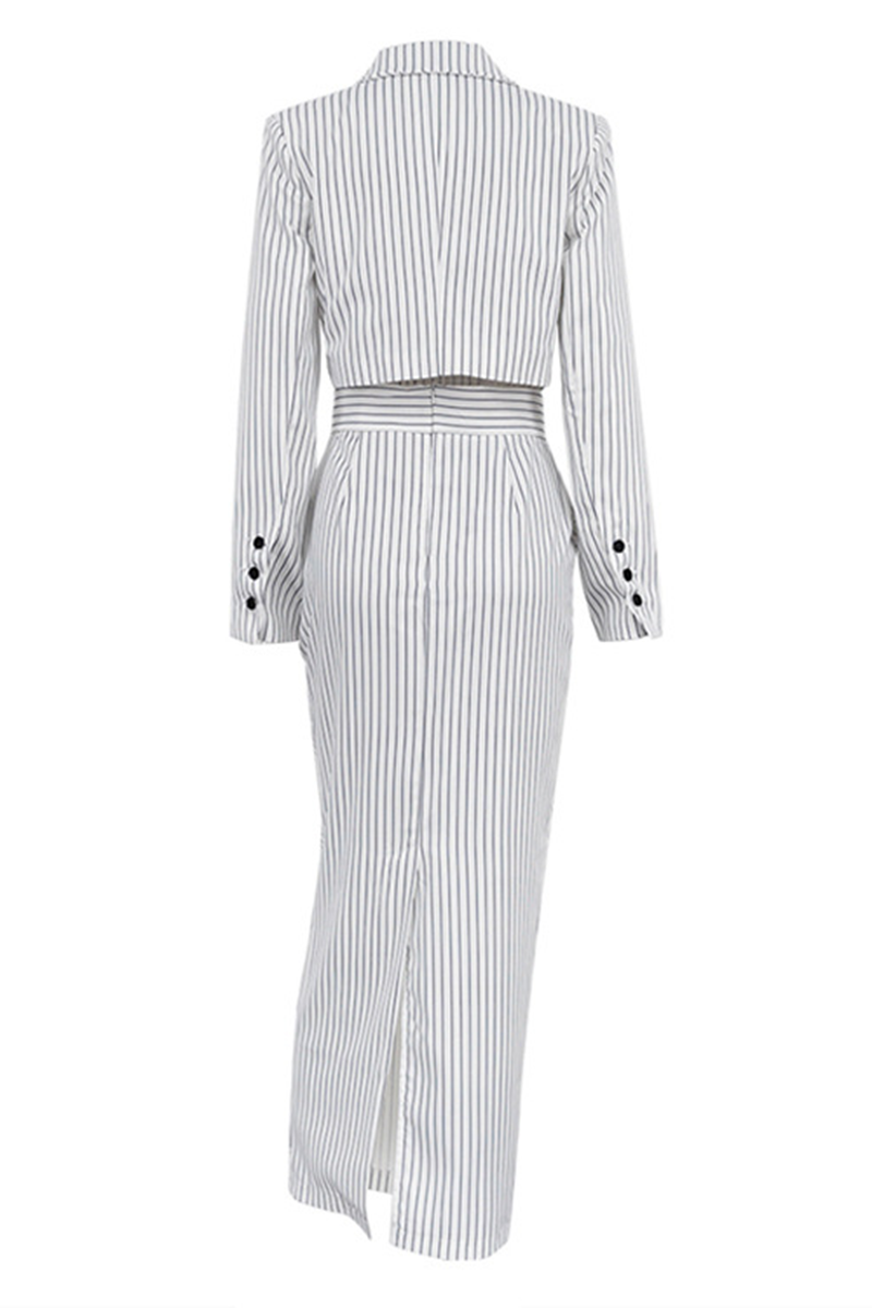 Stella® | Street elegant stripe print, buttons, slit, contrast reversible collar, long sleeves, two piece