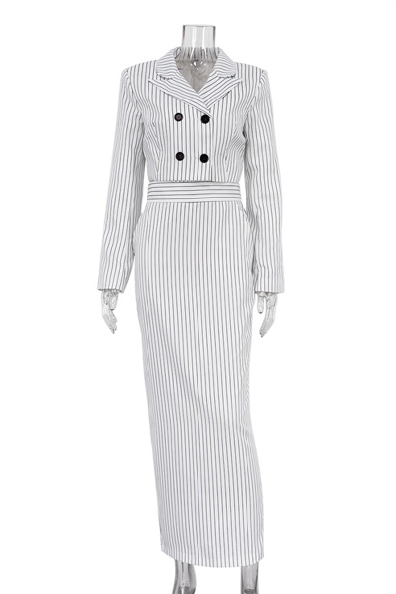 Stella® | Street elegant stripe print, buttons, slit, contrast reversible collar, long sleeves, two piece