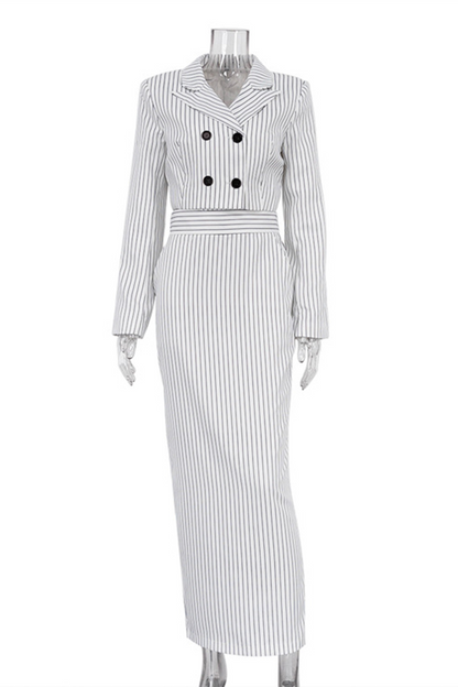 Stella® | Street elegant stripe print, buttons, slit, contrast reversible collar, long sleeves, two piece