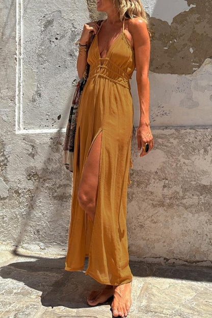 Sienna® | Sexy holiday solid color slit strap design halter irregular dresses