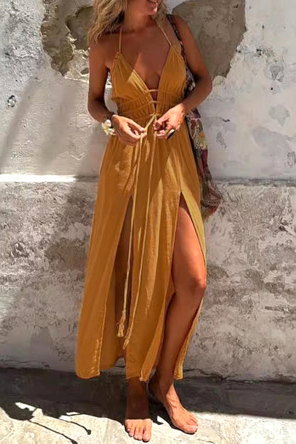 Sienna® | Sexy holiday solid color slit strap design halter irregular dresses