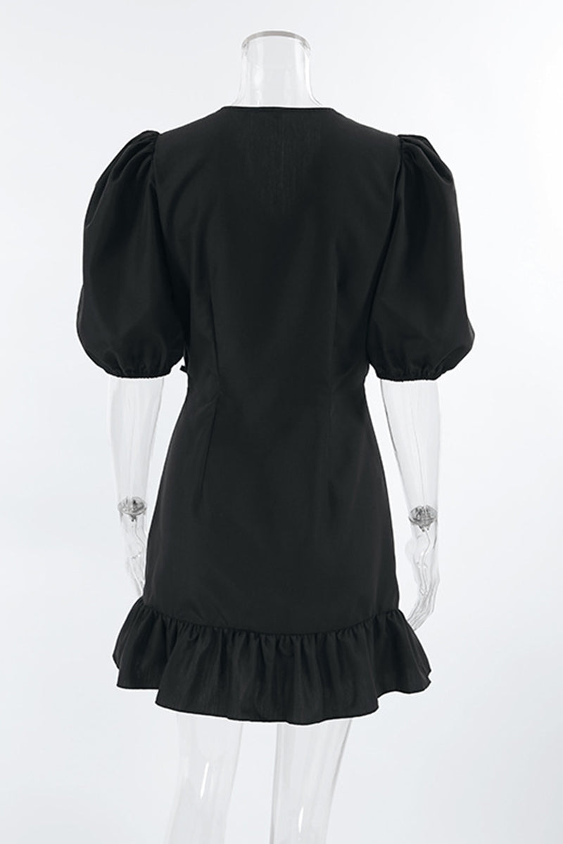 Poppy® | Casual daily solid color dresses with drawstring and ruffles, ruched V-neck and A-line