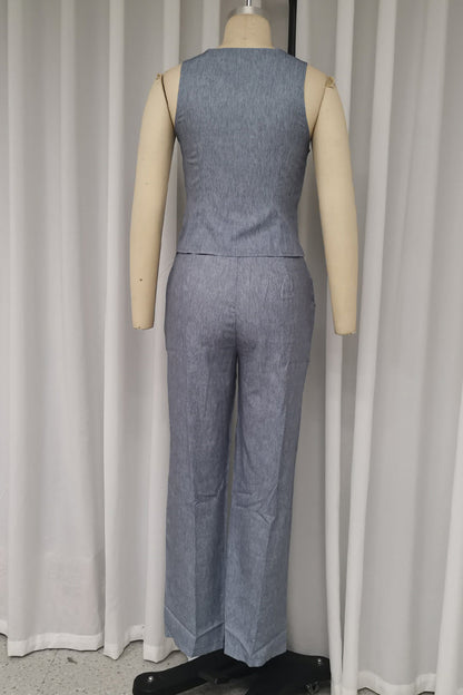 Quinlan® | Casual solid color sleeveless two-piece suit with buttons and V-neck