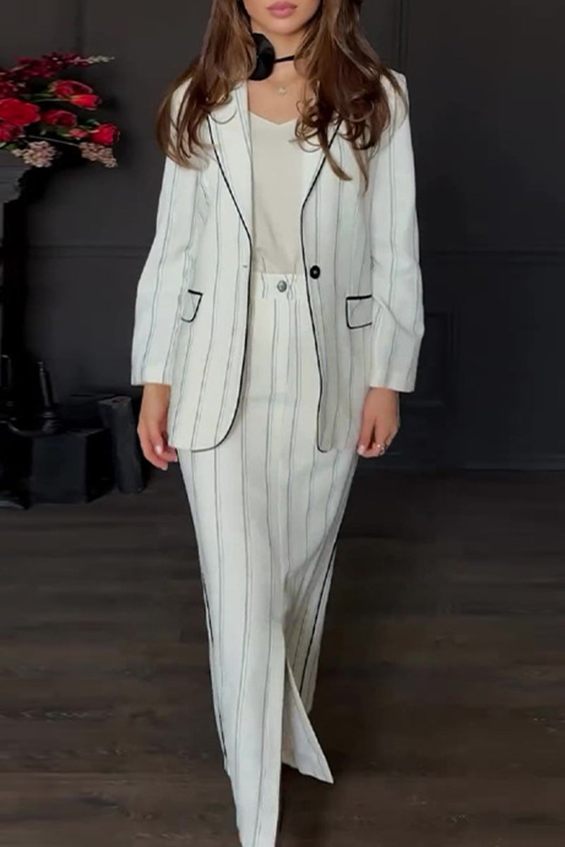 Phaedra® | Elegant striped print, buttons, slit, turn-down collar, long sleeves, two piece suit