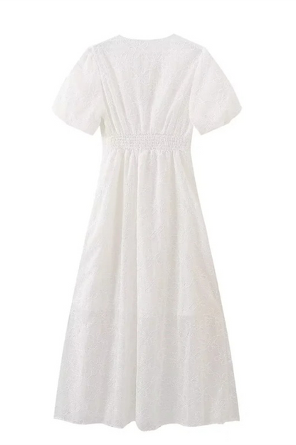 Zara® | Elegant solid color embroidered A-line short sleeve dress with V-neck