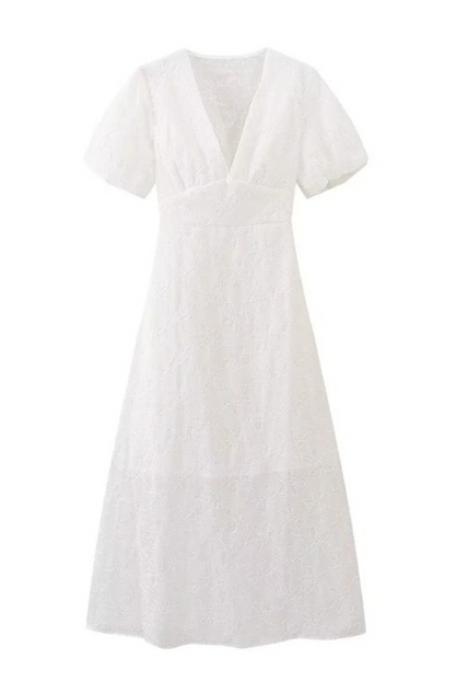 Zara® | Elegant solid color embroidered A-line short sleeve dress with V-neck