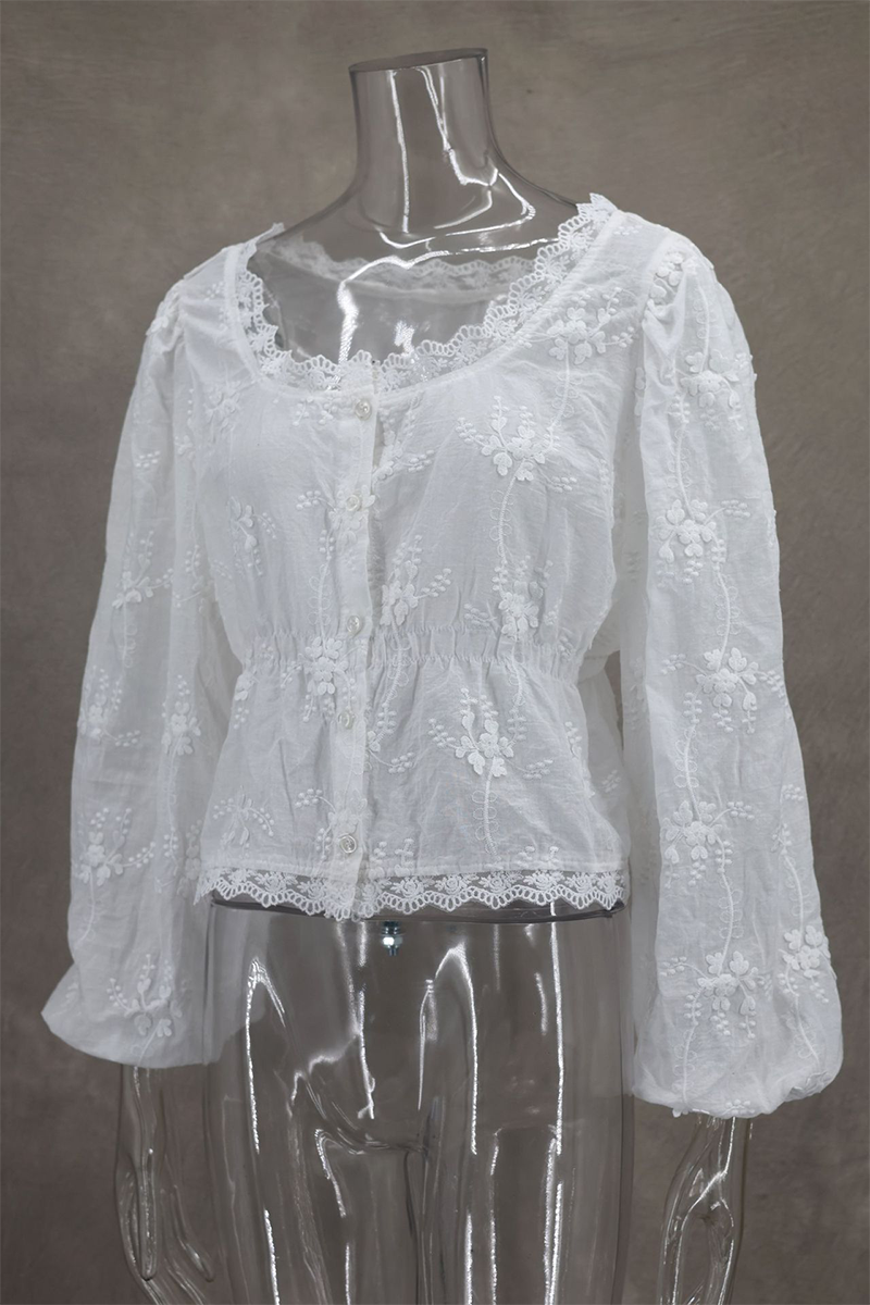 Ula® | Sexy everyday blouses with plain embroidered buttons and a sheer scoop neckline