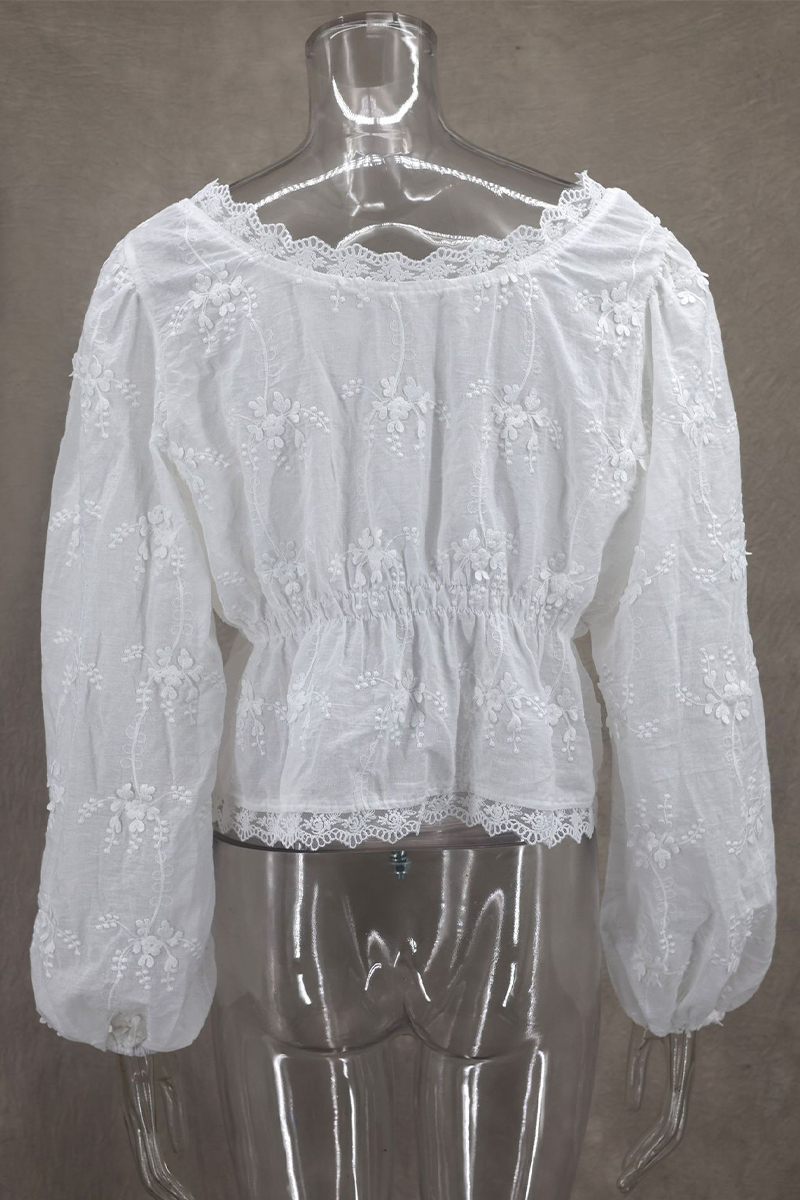 Ula® | Sexy everyday blouses with plain embroidered buttons and a sheer scoop neckline