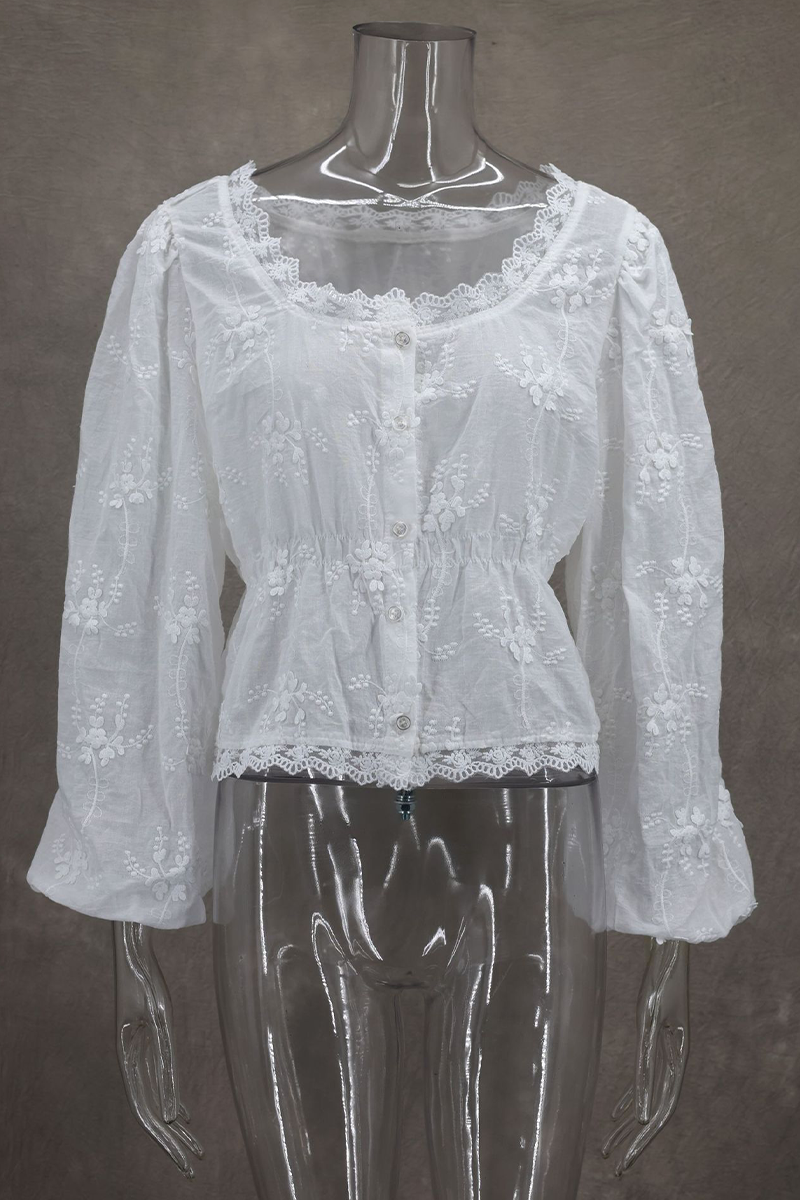 Ula® | Sexy everyday blouses with plain embroidered buttons and a sheer scoop neckline