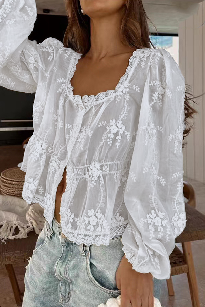 Ula® | Sexy everyday blouses with plain embroidered buttons and a sheer scoop neckline