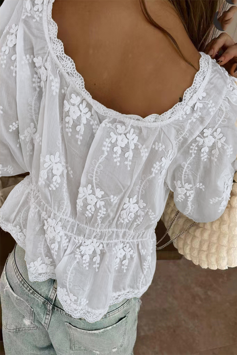 Ula® | Sexy everyday blouses with plain embroidered buttons and a sheer scoop neckline