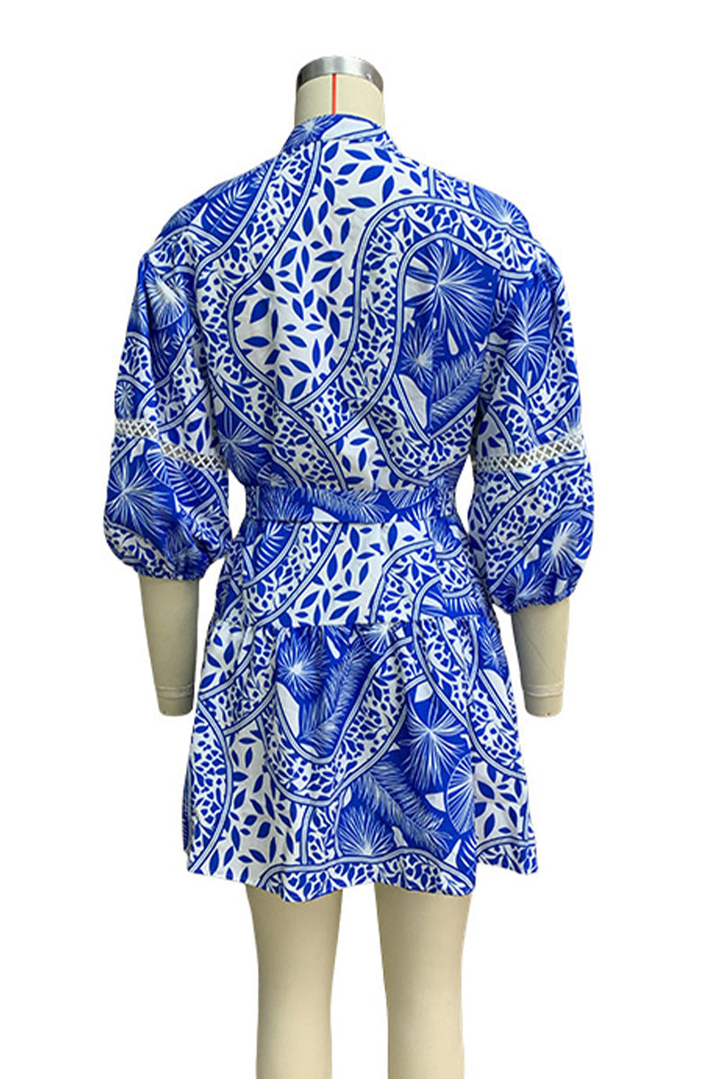 Nadia® | Casual floral print lace-up holiday dresses with mandarin collar and waist skirt