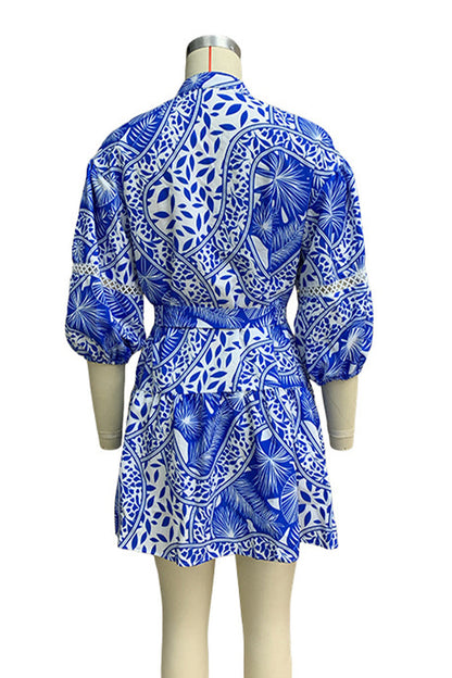 Nadia® | Casual floral print lace-up holiday dresses with mandarin collar and waist skirt