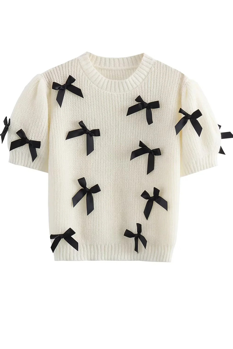 Penélope® | Casual patchwork contrast O-neck sweater with bow