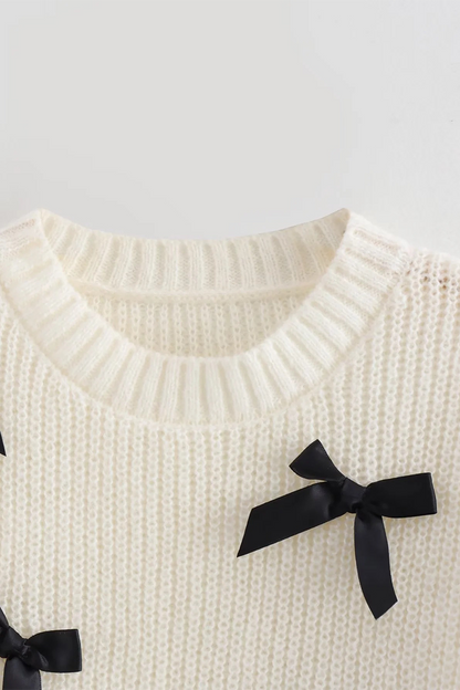 Penélope® | Casual patchwork contrast O-neck sweater with bow