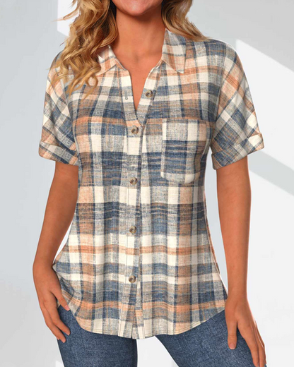 Stella® | Short-sleeved blouse with checked print and button