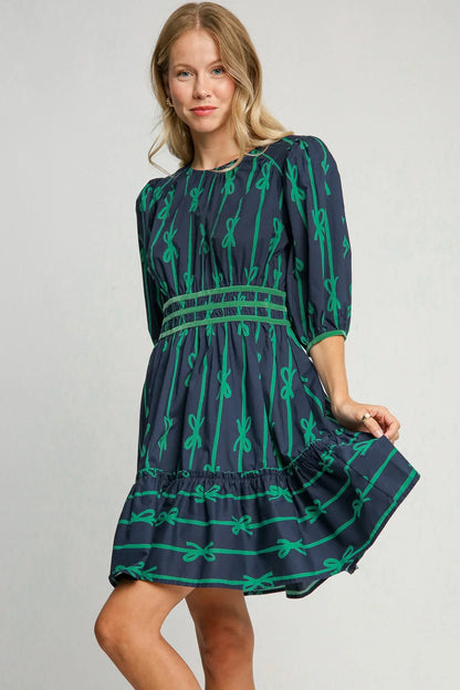 Sybil® | Stylish dress with green bow pattern