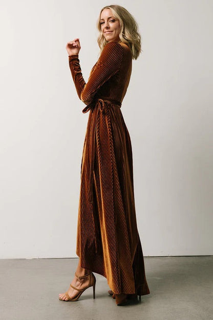 Willow® | Maroon ribbed velvet wrap dress with long sleeves