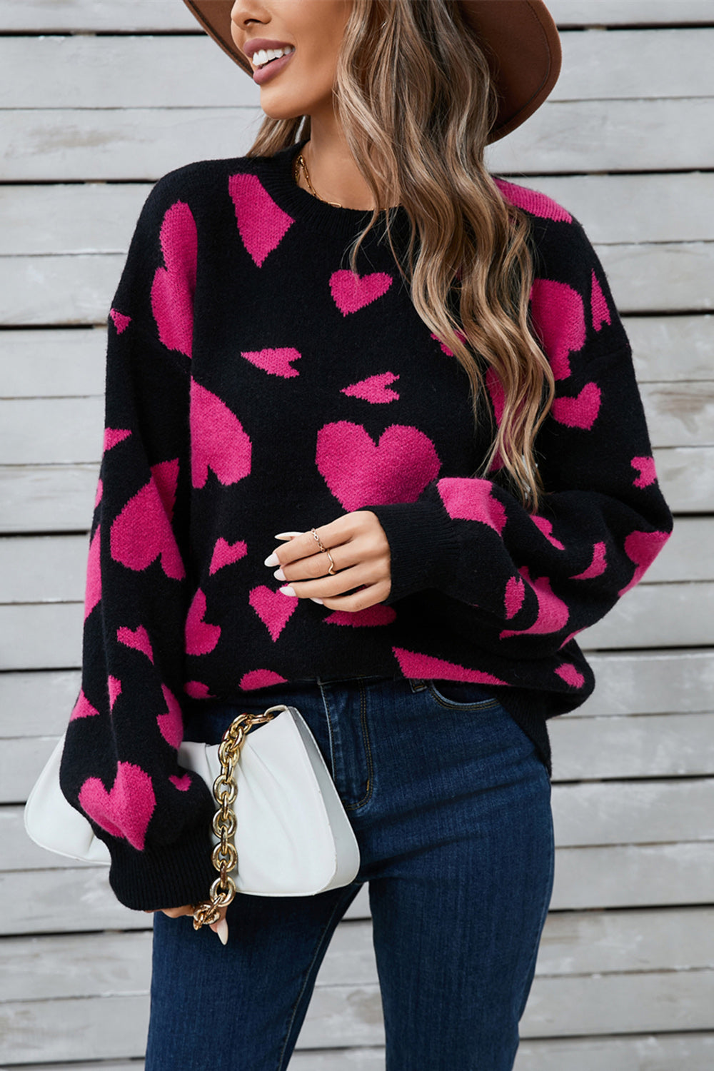 Alida® | Heart contrast crew neck long sleeve sweater