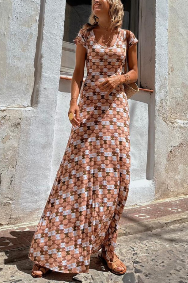 Ysa® | Salmon short sleeve maxi dress with regular pattern print