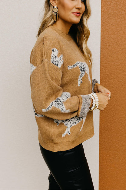 Yolanda® | Camel-colored animal print knit sweater with dropped shoulders