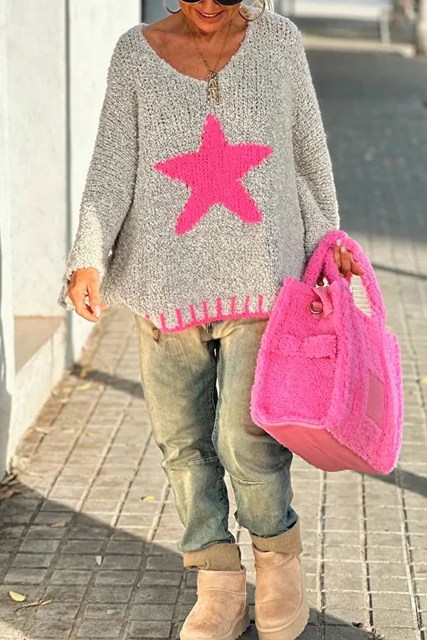 Signe® | Warm winter day texture knitted sweater with star pattern and contrast color