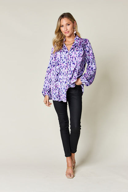 Susana® | Full size printed double take shirt with ruffle trim and balloon sleeves