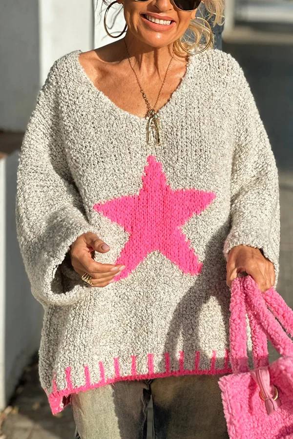 Signe® | Warm winter day texture knitted sweater with star pattern and contrast color