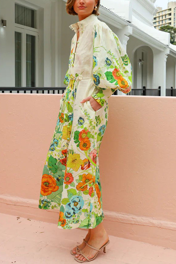 Xenia® | Summer party floral print shirt midi dress with balloon sleeves and pocket belt