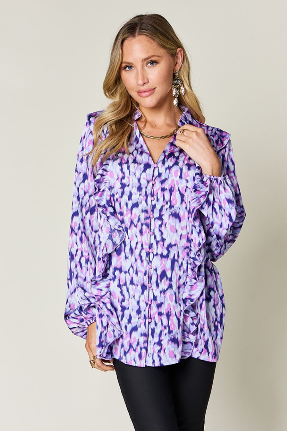 Susana® | Full size printed double take shirt with ruffle trim and balloon sleeves