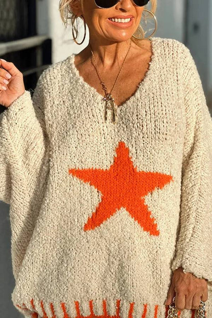 Signe® | Warm winter day texture knitted sweater with star pattern and contrast color