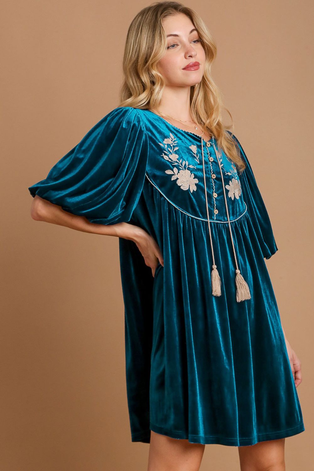 Soledad® | Embroidered velvet half sleeve tassel mini dress