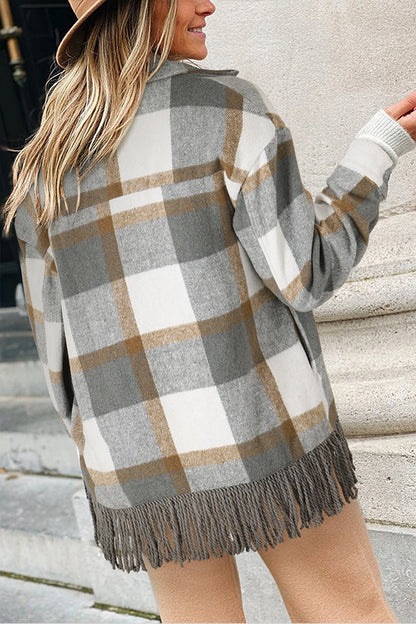 Nadia® | Checked shirt jacket with snap pocket and fringed hem