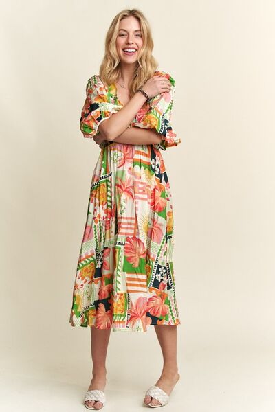 Tamara® | Floral midi dress with V-neck and puff sleeves