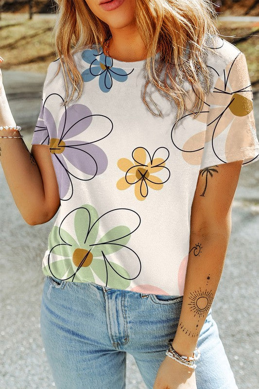 Viviana® | Summer floral print casual crew neck t-shirt