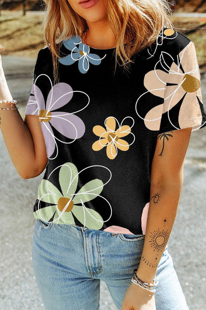 Viviana® | Summer floral print casual crew neck t-shirt