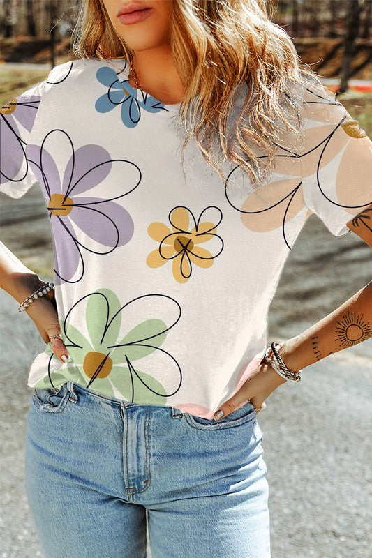 Viviana® | Summer floral print casual crew neck t-shirt