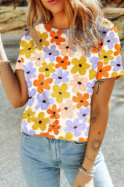 Viviana® | Summer floral print casual crew neck t-shirt