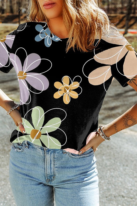 Viviana® | Summer floral print casual crew neck t-shirt