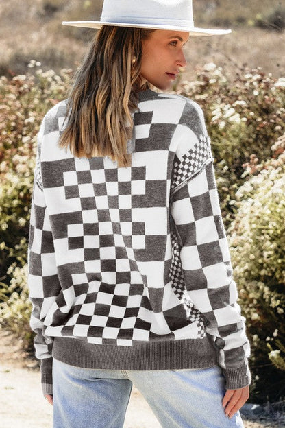 Petra® | Checked crew neck sweater with dropped shoulders