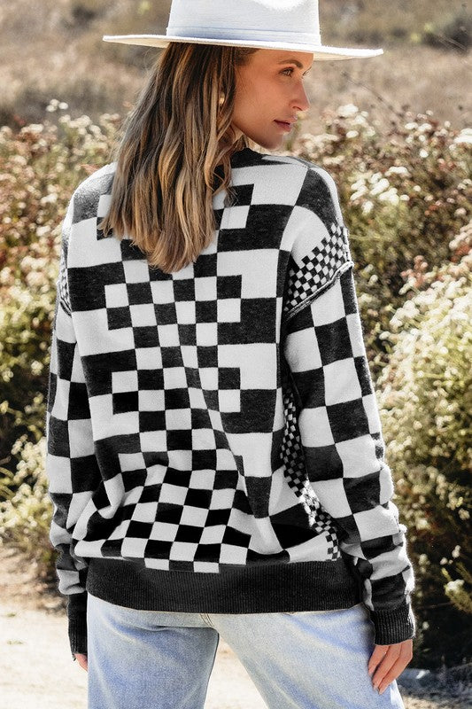 Petra® | Checked crew neck sweater with dropped shoulders