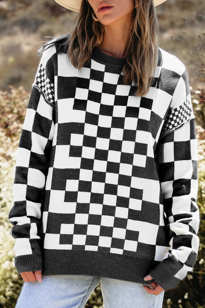 Petra® | Checked crew neck sweater with dropped shoulders