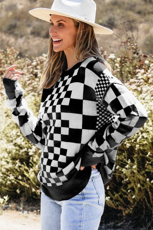 Petra® | Checked crew neck sweater with dropped shoulders