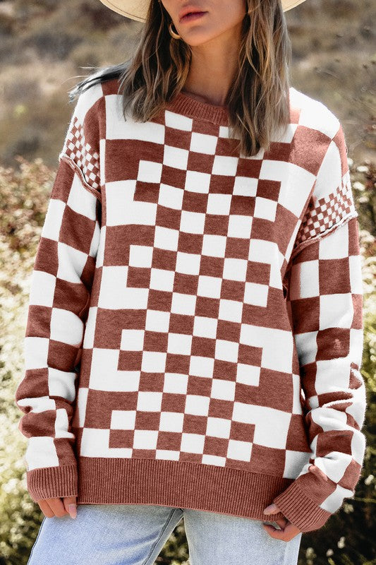 Petra® | Checked crew neck sweater with dropped shoulders