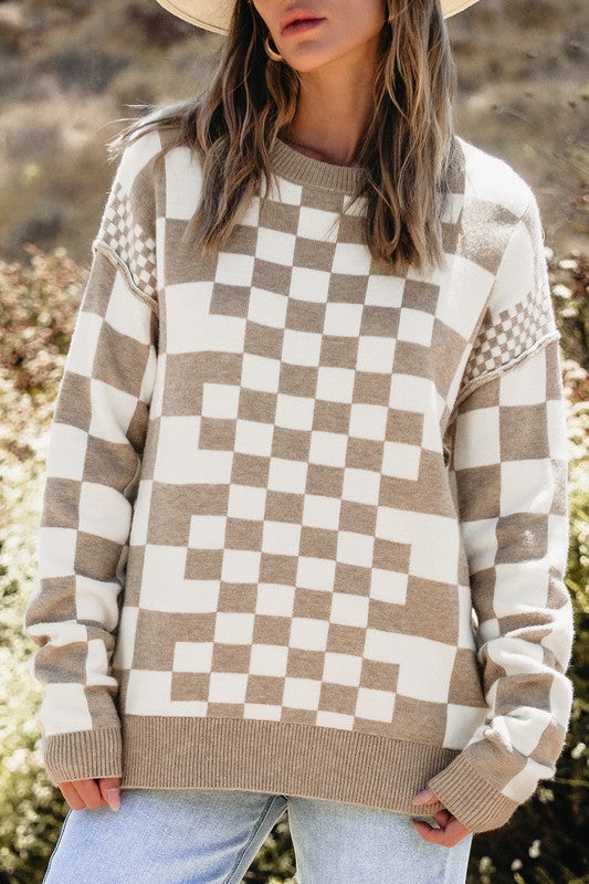 Petra® | Checked crew neck sweater with dropped shoulders