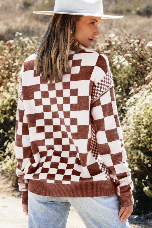 Petra® | Checked crew neck sweater with dropped shoulders