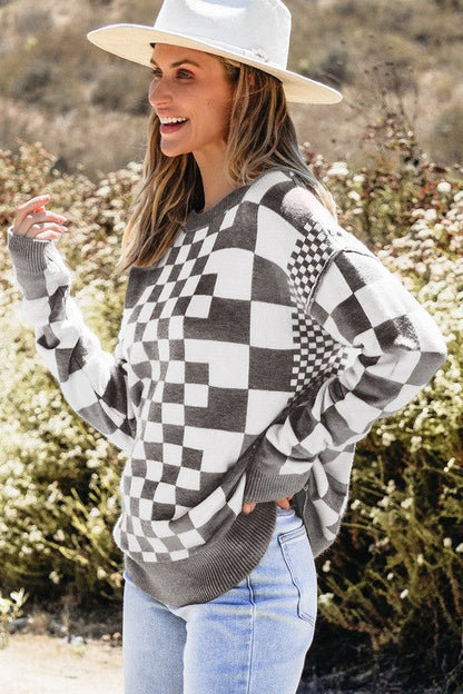 Petra® | Checked crew neck sweater with dropped shoulders