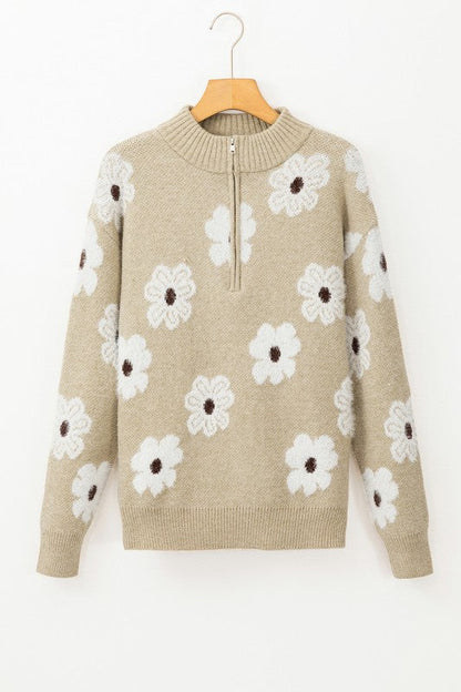 Amelia® | Vintage 60s floral pattern sweater with half zip collar