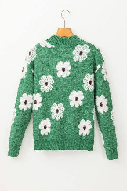 Amelia® | Vintage 60s floral pattern sweater with half zip collar